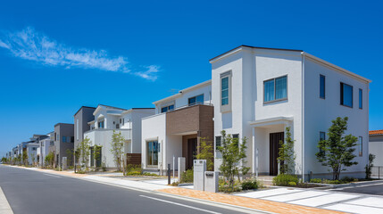 青空の下に並ぶ新築戸建て住宅の街並み「生成AI」