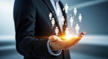 Businessman holding a glowing network of diverse human figures representing global connections and teamwork