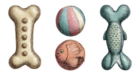 Obraz premium Colorful Dog Toys Including Bone, Ball, Fish Shape on White Background