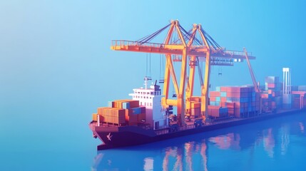 Fototapeta premium Low-poly Container Ship Loading Crane Harbor Scene