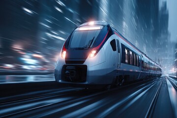 Naklejka premium High-speed train zips through city night