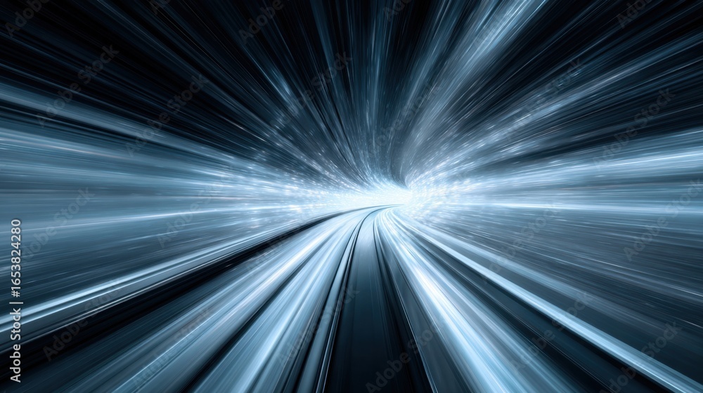 Poster a dynamic light tunnel stretches into the distance, with beams of light racing past in a mesmerizing