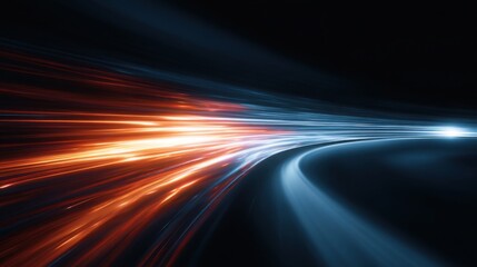 Bright streaks of red and blue light swirl around a dark curve, suggesting high speed and movement. The contrast enhances the sense of energy and dynamism in the night setting.