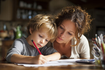 Mama pomaga swojemu dziecku w odrabianiu zadania domowego – wspólna nauka i wsparcie w domowym zaciszu.