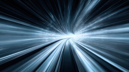 Fototapeta premium A dynamic light tunnel stretches into the distance, with beams of light racing past in a mesmerizing pattern. The effect suggests rapid movement through a vibrant passageway.