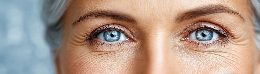 Naklejka premium Swollen eyelids with bags and fatigue concept. Close-up of an elder woman's expressive blue eyes and wrinkles.