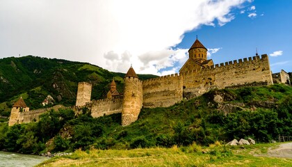 Fortress and monastery nestled in mountains