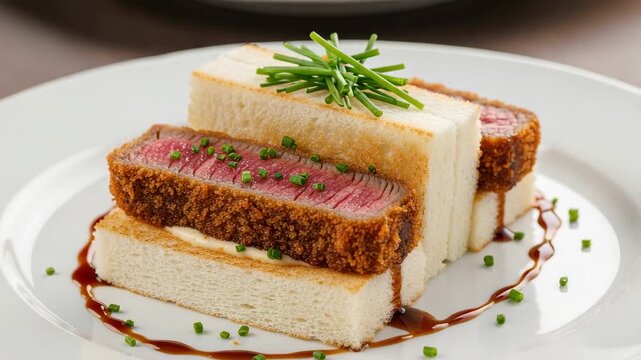 Gourmet Beef Katsu Sando Sandwich. Japanese Gyukatsu with Rare Steak and Chives on a White Plate. Fine Dining Appetizer.