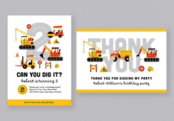 White and Yellow Construction Kids Birthday Invitation