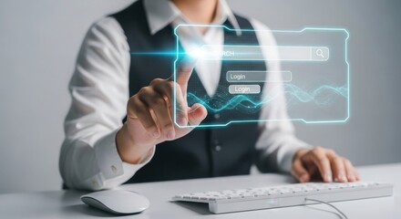 Person interacting with a futuristic holographic display showing financial data and charts on a desk with a keyboard and mouse