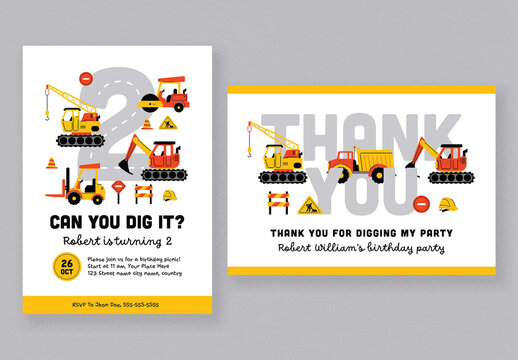 White and Yellow Construction Kids Birthday Invitation
