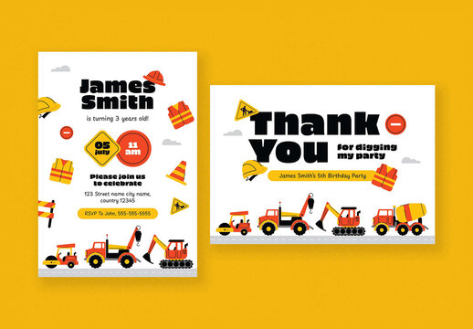 Yellow Fun Construction Kids Birthday Invitation