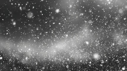 Fototapeta premium Snowflakes drift softly down in a dark night sky, creating a serene atmosphere. The landscape is transformed into a winter wonderland, blanketing everything in white.