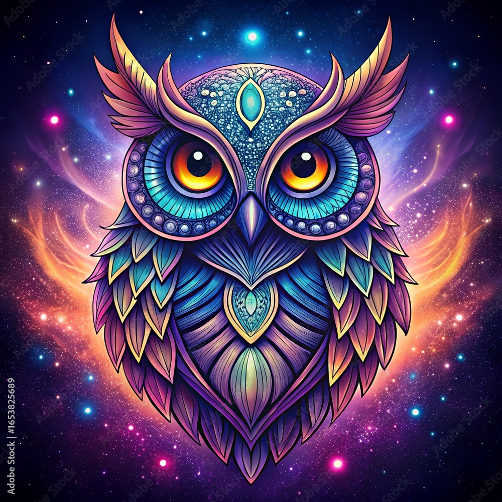 Poster photo of a vibrant and colorful owl with intricate patterns, set against a cosmic backdrop of stars 