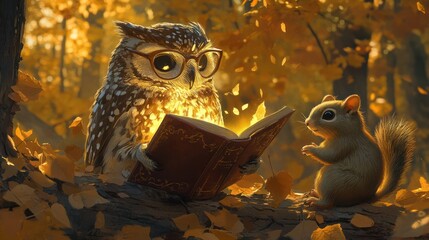 Owl & squirrel reading glowing book in autumn woods