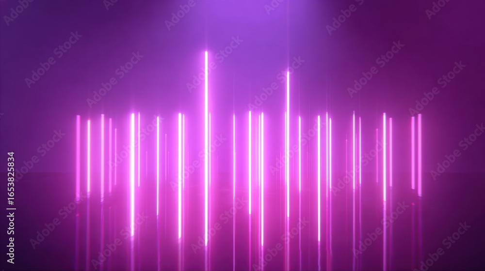 Poster the light show showcases dozens of vertical neon bars brilliantly illuminated in shades of pink, cre