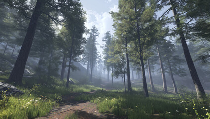 Obraz premium Lush green forest with tall trees and sunlight streaming through morning mist