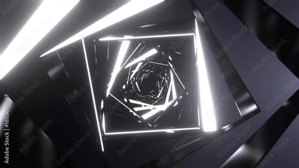 Poster abstract geometric tunnel with bright white lights and dark, reflective surfaces creating a visual v