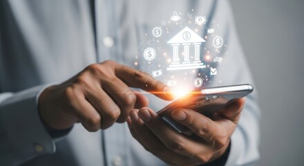 Person uses smartphone to access digital banking services with glowing financial icons and building symbol