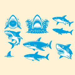 Obraz premium Shark illustration artwork. Various shark illustrations showcasing marine life. Sea predator artwork. Powerful shark leaping from ocean waves.