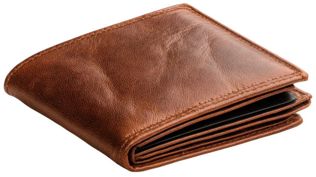 Brown Leather Wallet Folded Textured Stitched Edges.