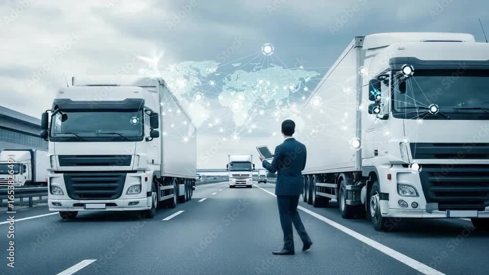 Poster man with tablet stands on highway between trucks with world map and network overlay graphics