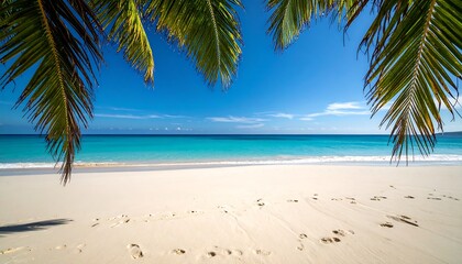Obraz premium Tropical beach scene framed by palm leaves