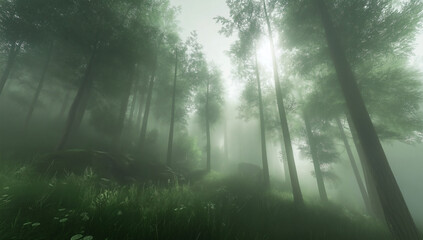 Obraz premium Misty forest with tall trees and soft sunlight piercing through morning fog.