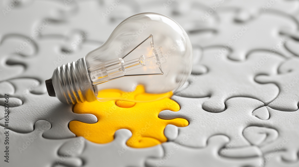 Poster creative concept of idea generation with puzzle pieces and light bulb symbolizing innovation and pro