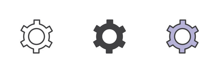 Gear settings icon set in line, solid and filled outline style