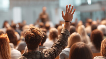 Audience Engaged During Conference Presentation with Raised Hands Asking Questions Amidst Business Attire and Professional Environment