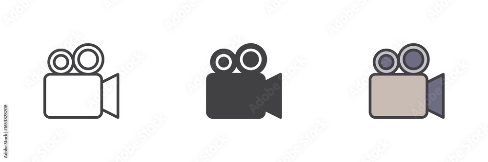 Poster video camera icon set in line, solid and filled outline style