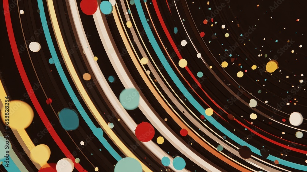 Poster a dynamic composition showcases swirling lines in various colors, adorned with bright dots throughou