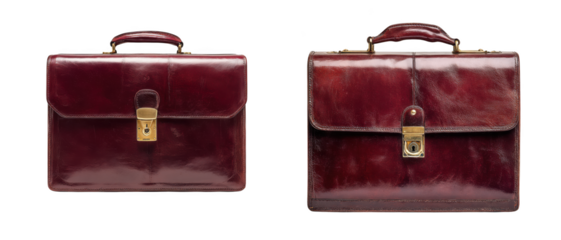 Two vintage burgundy leather briefcases with brass clasps and handles, isolated on transparent background