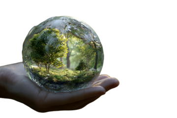 Hand holding a glass globe with a forest inside isolated on transparent background
