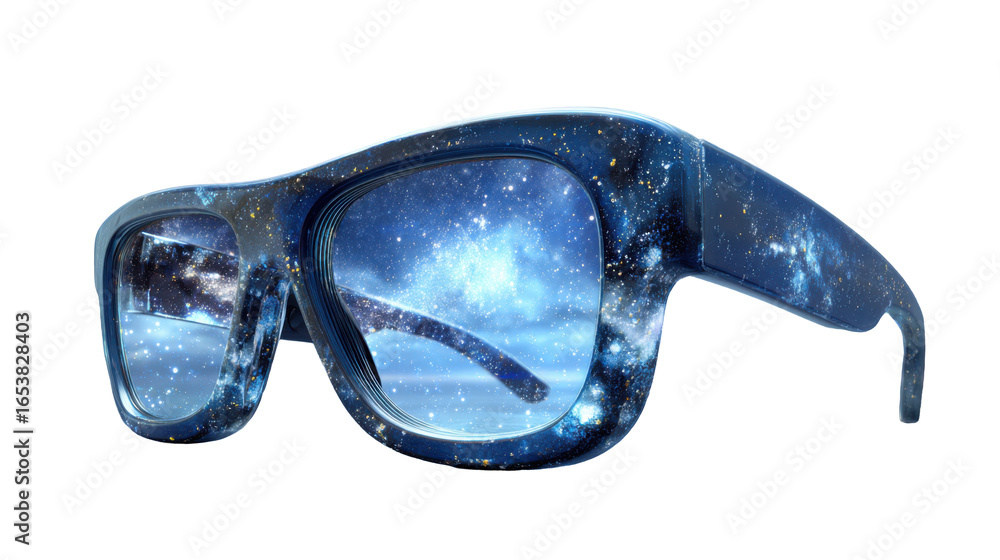 Poster 3d product rendering of glasses made of glass with a starry sky inside, in a futuristic style with a