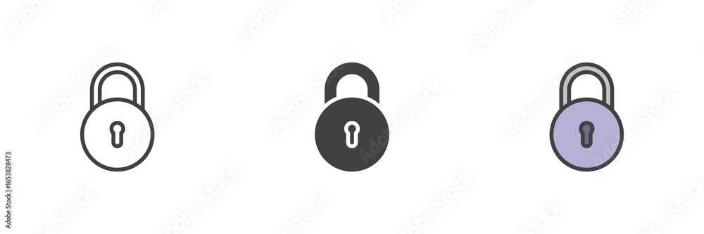 Poster lock security icon set in line, solid and filled outline style
