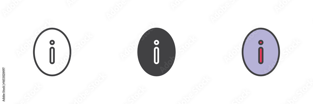 Poster information circle icon set in line, solid and filled outline style