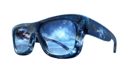 3D product rendering of glasses made of glass with a starry sky inside, in a futuristic style with an industrial design and a symmetrical composition 