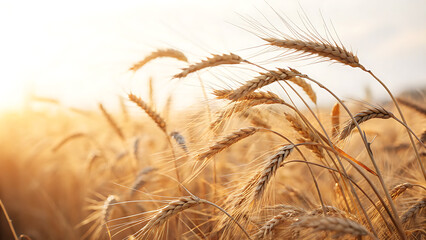 Golden wheat field under warm sunlight during sunset hour