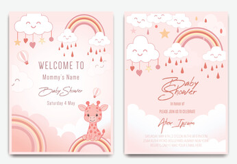 Cute Pink Baby Shower Invitation with Rainbow, Clouds, and Giraffe.
