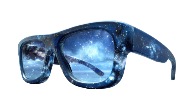 3D product rendering of glasses made of glass with a starry sky inside, in a futuristic style with an industrial design and a symmetrical composition 