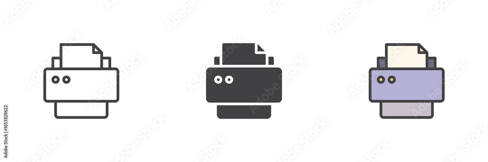Poster printer print icon set in line, solid and filled outline style