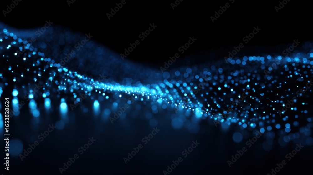 Poster a vibrant display of blue particles forms a wave-like pattern, creating a mesmerizing effect against