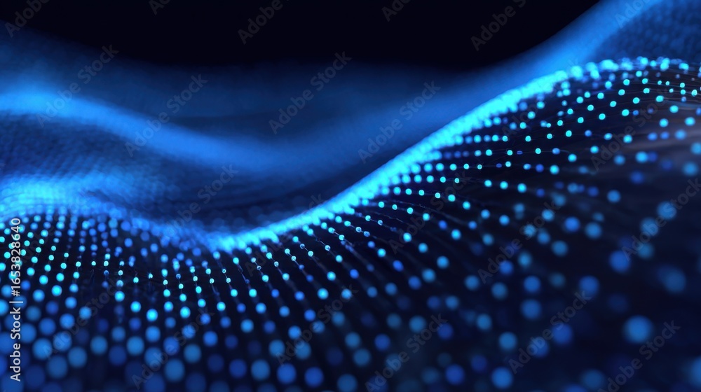 Poster A vivid display of digital waves flows gracefully, featuring a gradient of blue hues and illuminated dots. The dynamic pattern creates an immersive visual experience suggesting energy and movement.