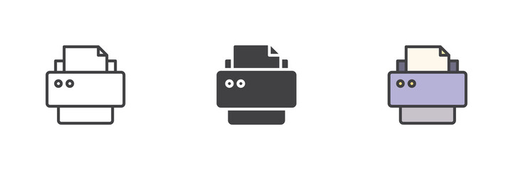 Printer print icon set in line, solid and filled outline style
