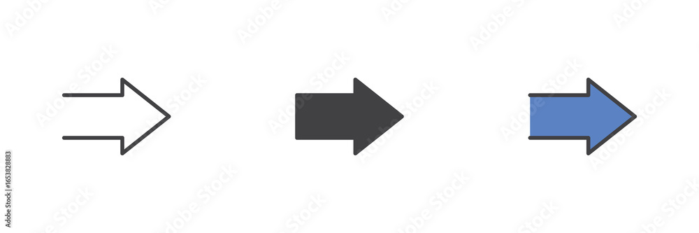 Poster arrow right icon set in line, solid and filled outline style