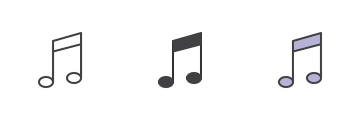 Music note icon set in line, solid and filled outline style