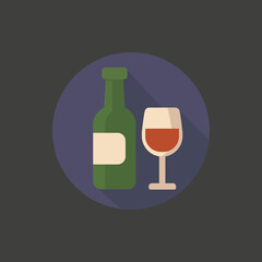 Flat Vector Icon of Wine Bottle and Glass Drink Beverage