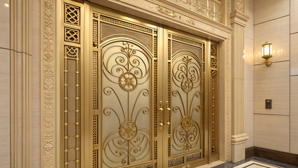 Ornate golden doors with intricate floral designs in matel and glass